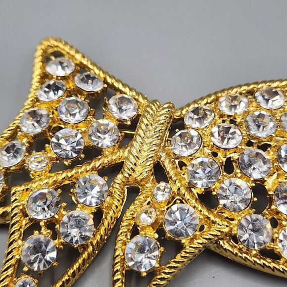 Flat Bow Brooch Pin Costume Jewelry Gold Tone Clear Stones Holiday Gift Xmas - Picture 5 of 11